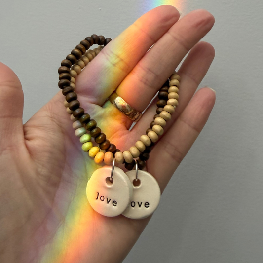 Handmade Ceramic Love Beaded Bracelet - Natural Wood