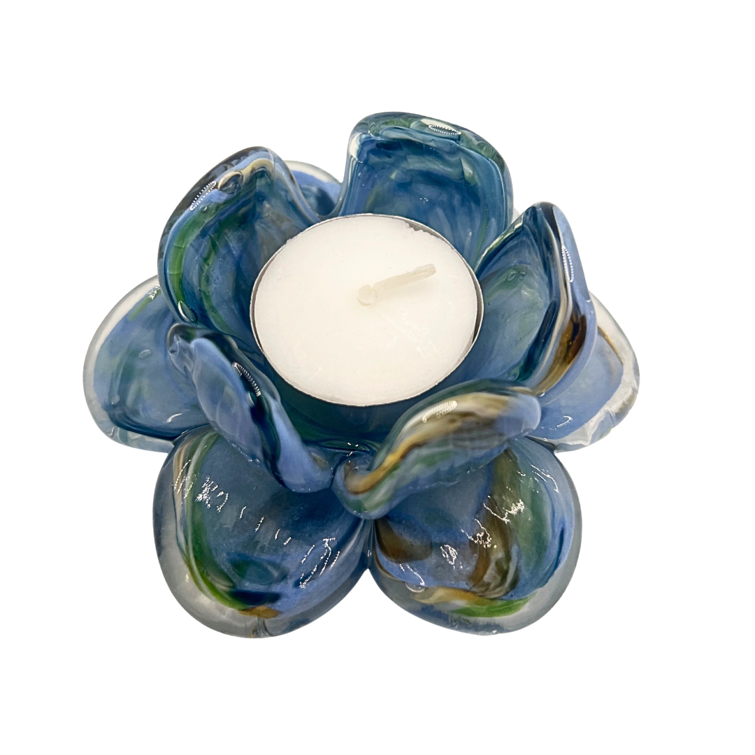 Glass Sympathy Flower Tealight Votive – Soft Blue, Green & Chocolate | Grief Gifts Perth | Meaningful Sympathy Gifts