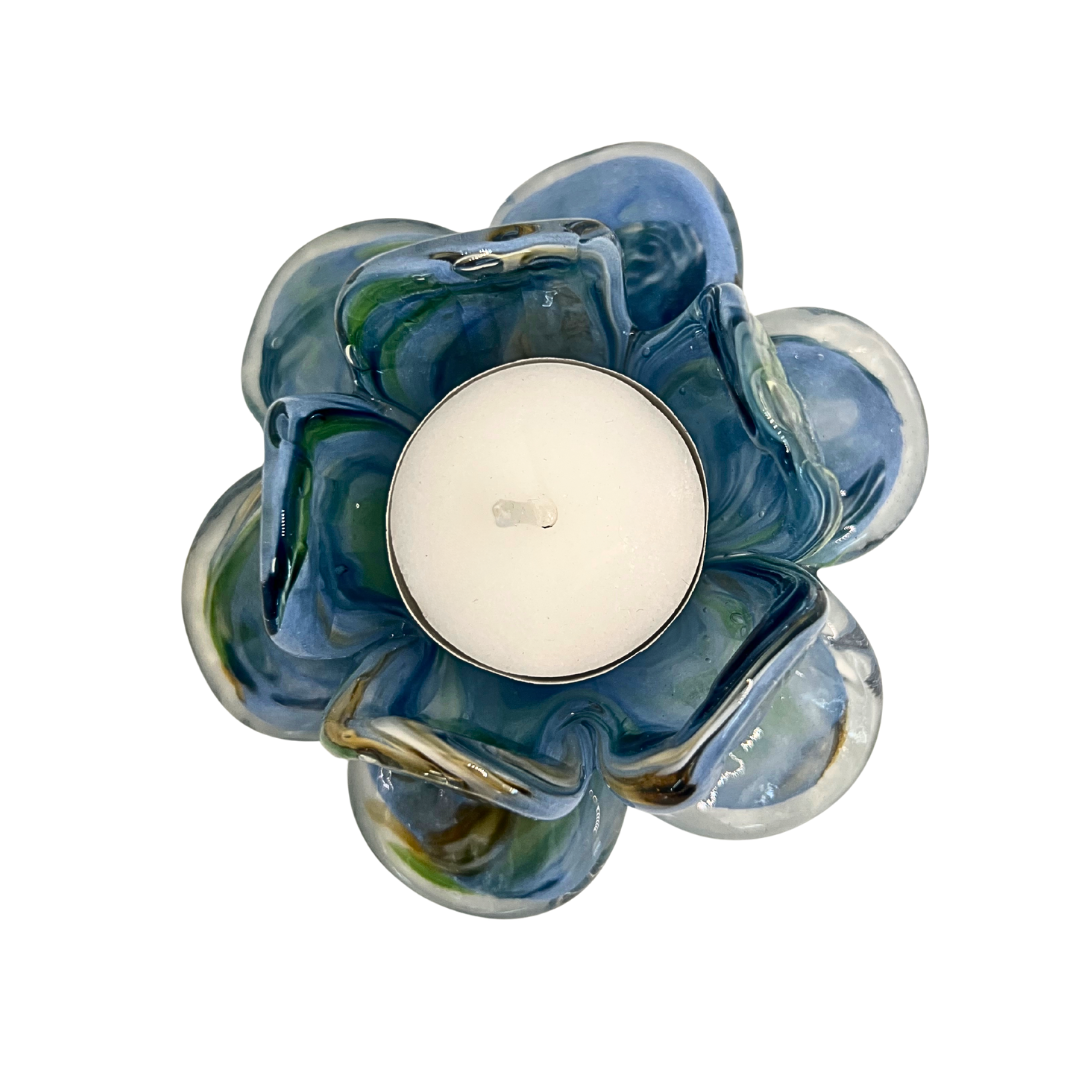 Glass Sympathy Flower Tealight Votive – Soft Blue, Green & Chocolate | Grief Gifts Perth | Sympathy Gifts