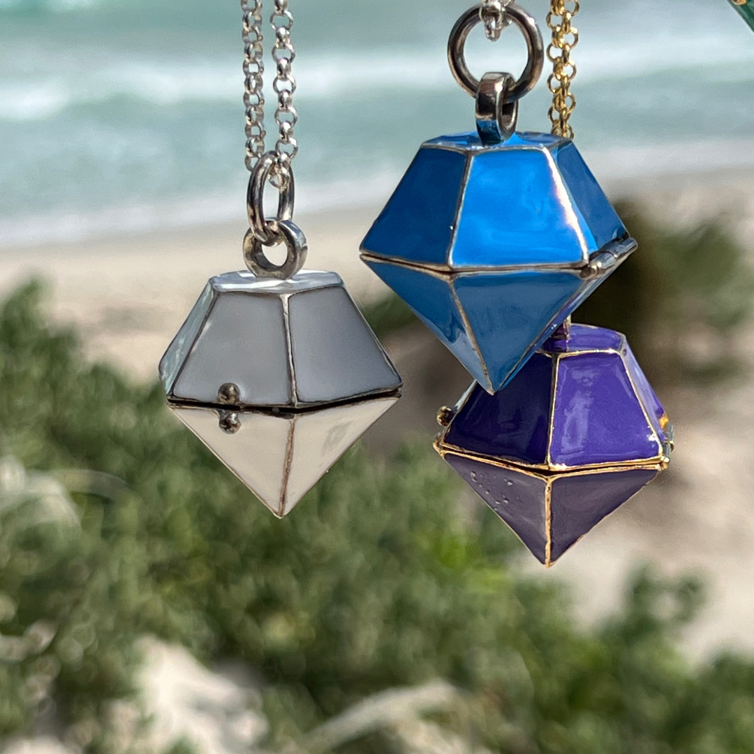 Diamond Shaped Enamel Locket Necklace – White in Sterling Silver