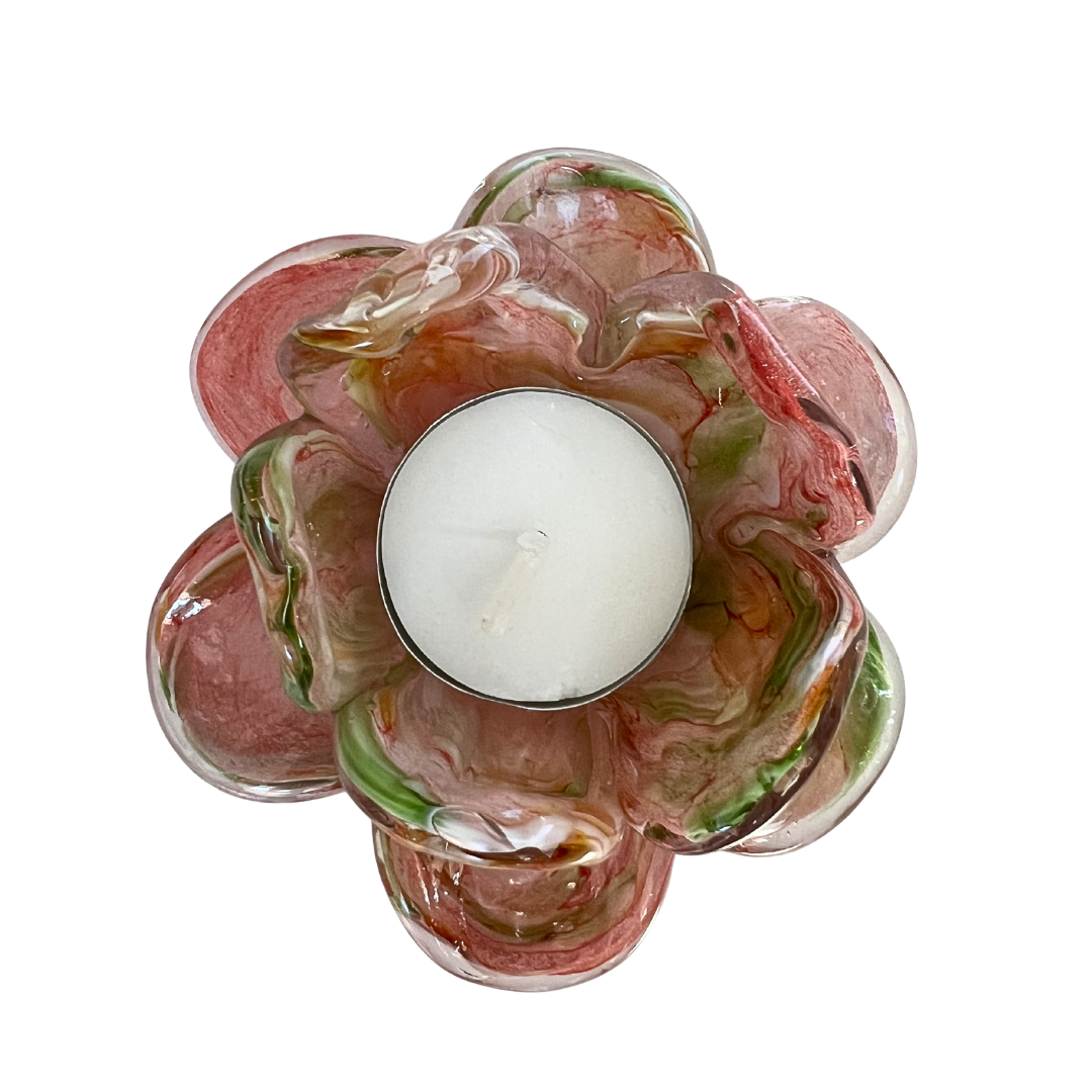 Sympathy Glass Flower Tealight Votive – Peach & Green | Grief Gifts Perth | Sympathy Gifts Perth