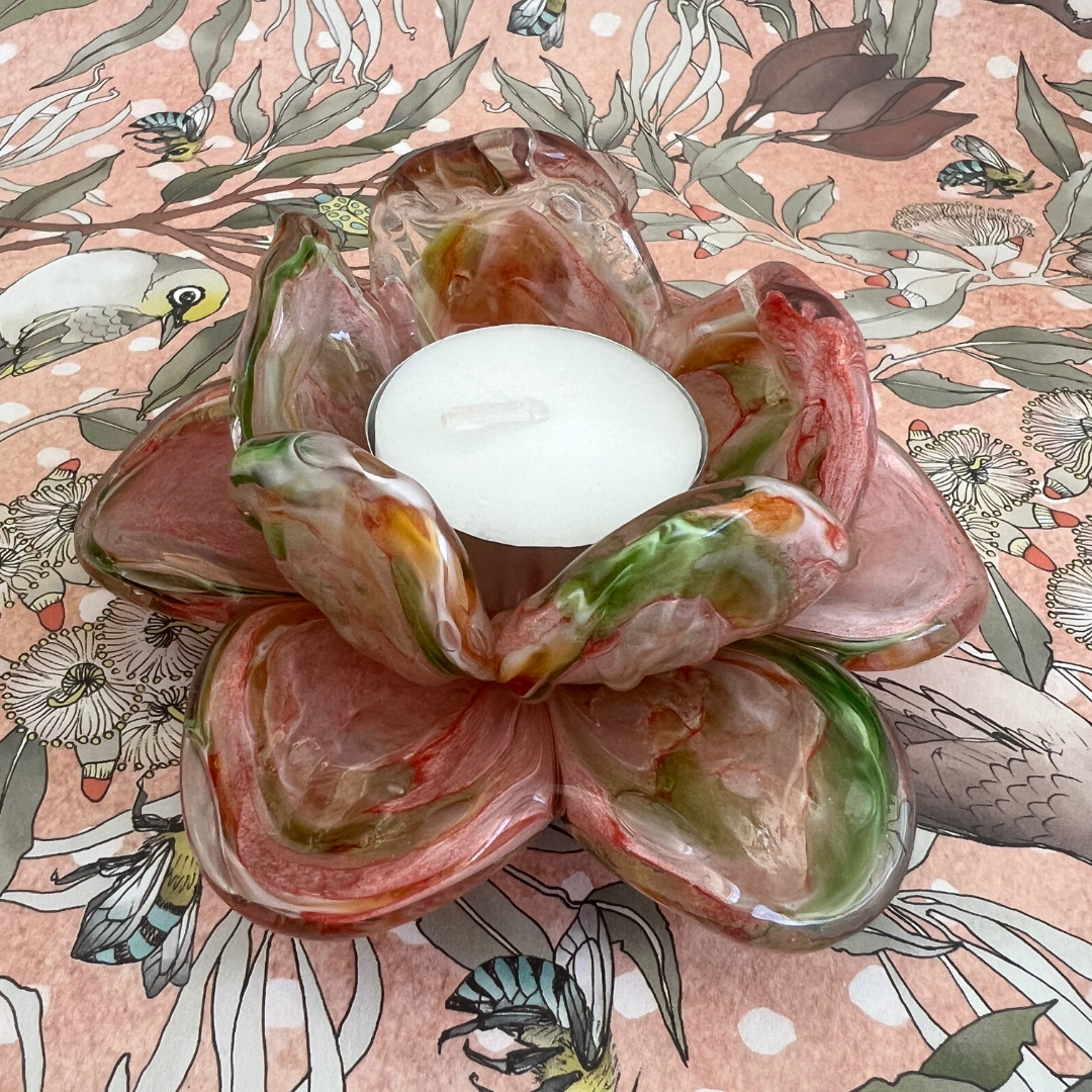 Sympathy Glass Flower Tealight Votive – Peach & Green | In Loving Memory Candle | Grief Gifts Perth | Sympathy Gifts Perth