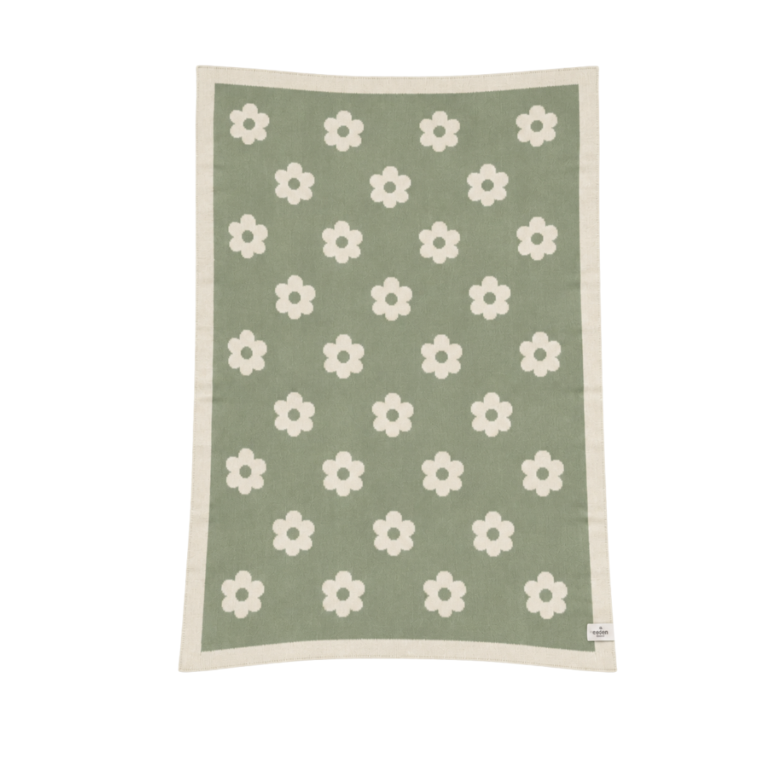 Australian-Made Organic Cotton Lap Blanket - Green & Cream Flowers