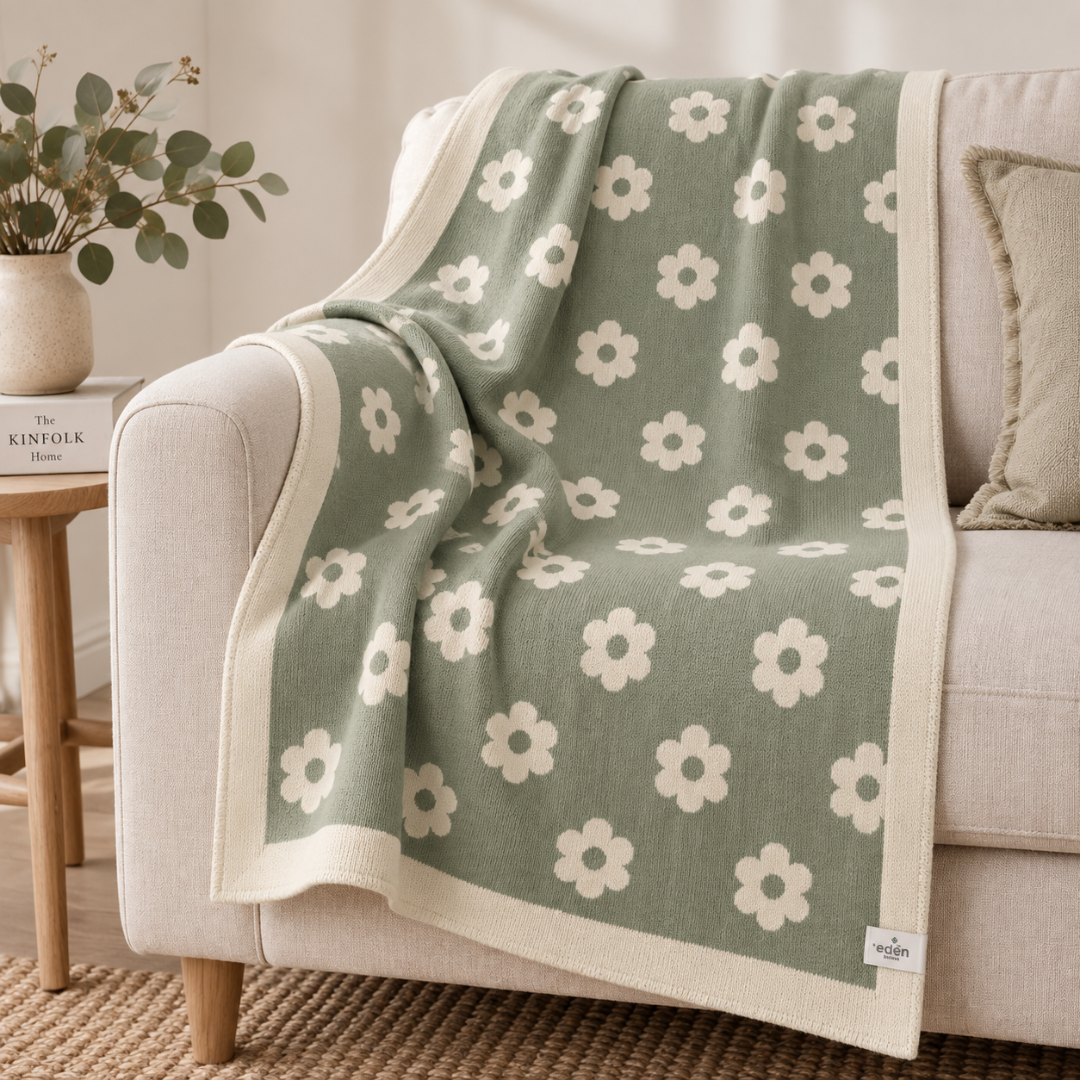 Australian-Made Organic Cotton Lap Blanket - Green & Cream Flowers | Grief Gifts Australia Delivered