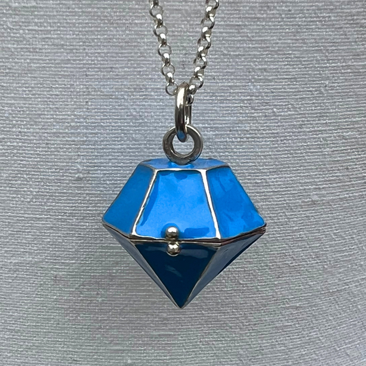 Diamond Shaped Enamel Keepsake Locket Necklace – Blue in Sterling Silver