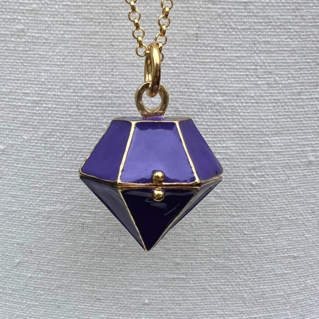 Diamond Shaped Enamel Keepsake Locket Necklace – Purple in Gold Plate