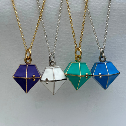 Diamond Shaped Enamel Locket Necklace – White in Sterling Silver