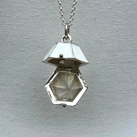 Diamond Shaped Enamel Locket Necklace – White in Sterling Silver