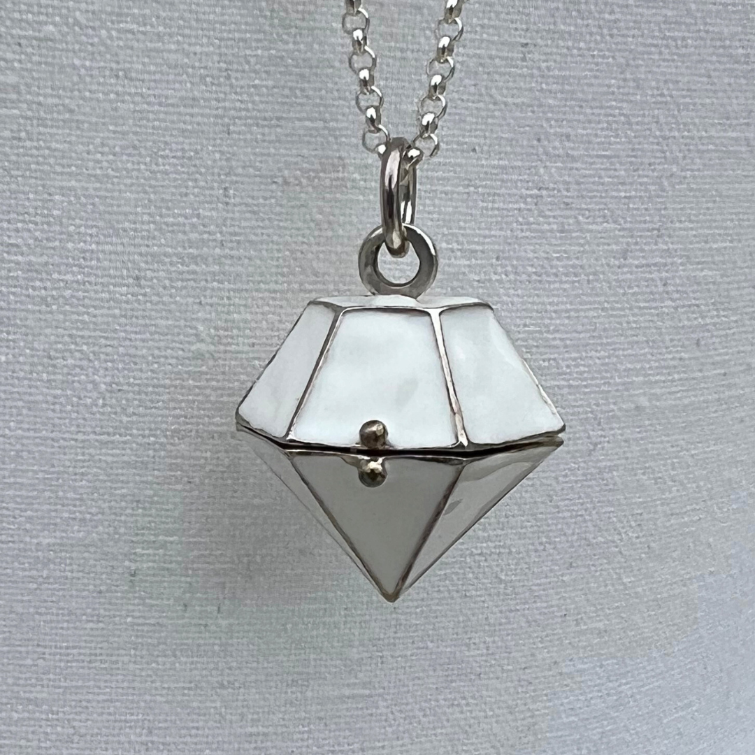 Diamond Shaped Memorial Locket Necklace  – White in Sterling Silver