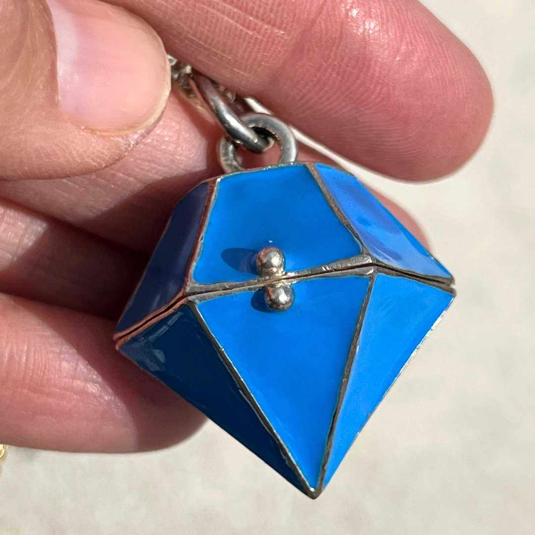 Diamond Shaped Enamel Keepsake Locket Necklace – Blue in Sterling Silver