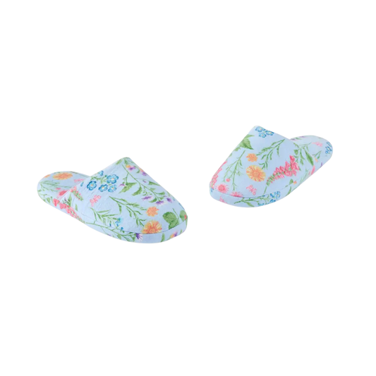 Floral Flannelette Slippers - Blue