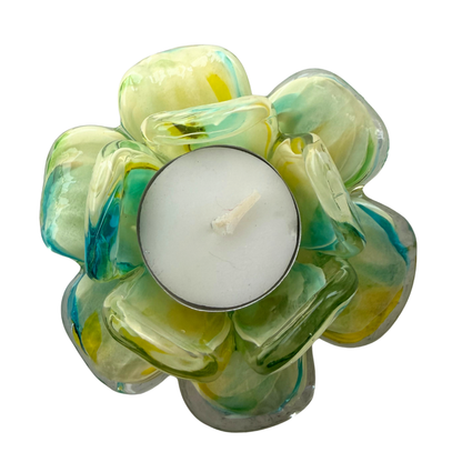 Glass Flower Tealight Votive – Ivory, Blue & Green | Grief Gifts Australia