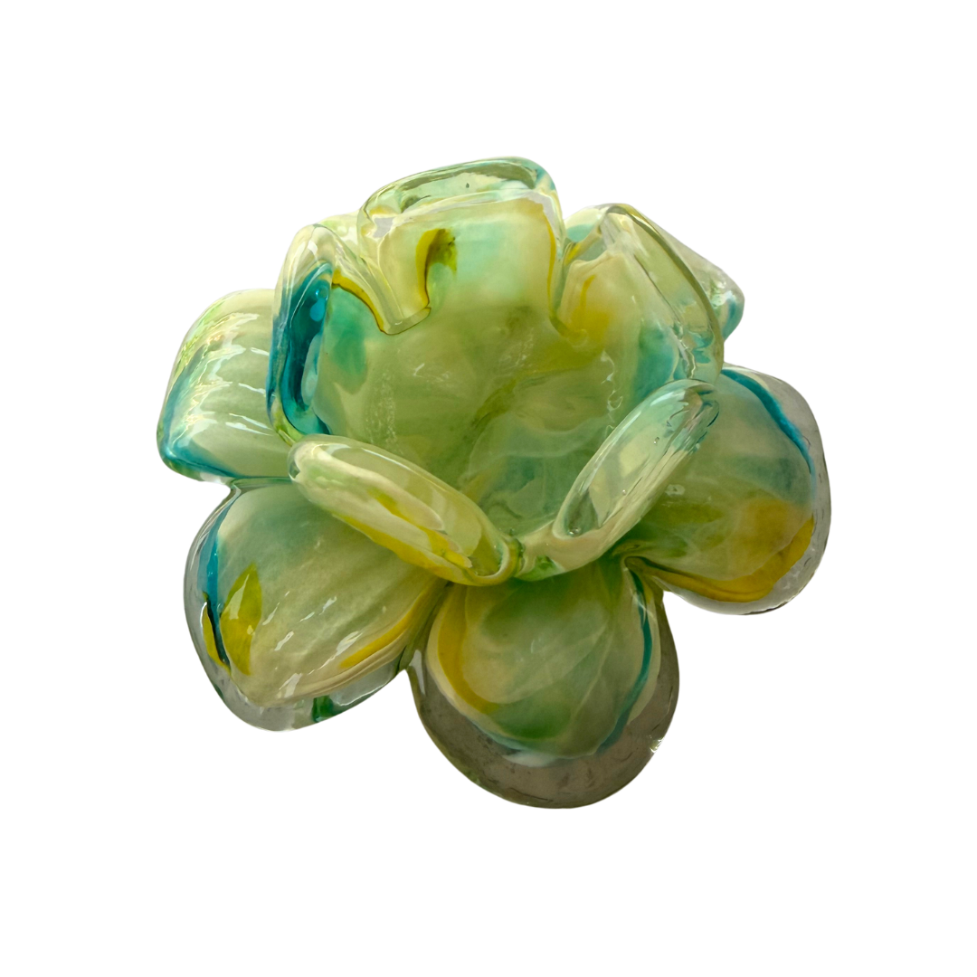 Glass Flower Tealight Votive – Ivory, Blue & Green | Grief Gifts Australia Delivered