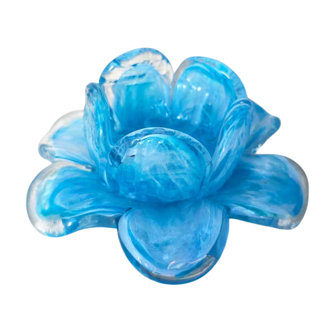Glass Flower Tealight Votive – Sky Blue, Turquoise & Teal | Grief Gifts Australia