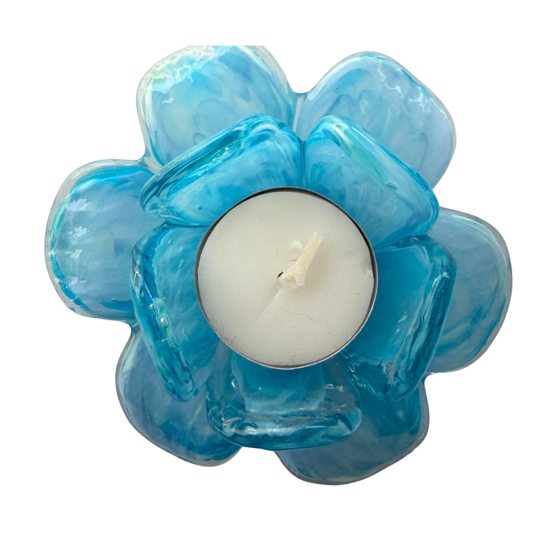 Glass Flower Tealight Votive – Sky Blue, Turquoise & Teal | Grief Gifts Australia Delivered