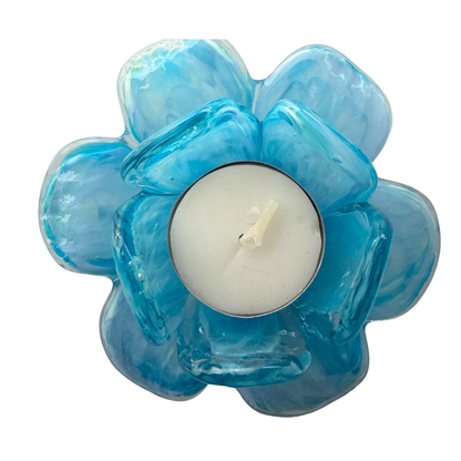 Glass Flower Tealight Votive – Sky Blue, Turquoise & Teal | Grief Gifts Australia Delivered