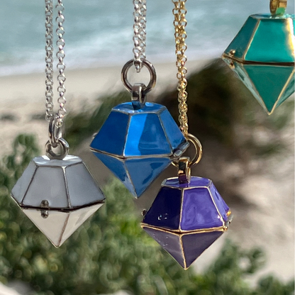 Diamond Shaped Enamel Locket Necklace – White in Sterling Silver