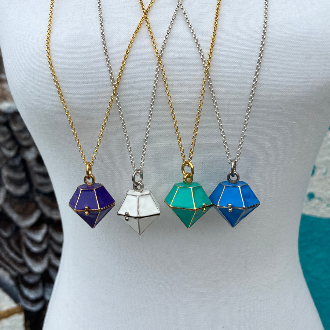 Diamond Shaped Enamel Locket Necklace – White in Sterling Silver