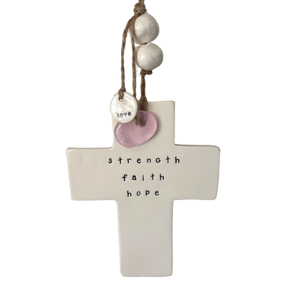 Handmade Ceramic Quote Cross Wall Hanging Strength Faith Hope